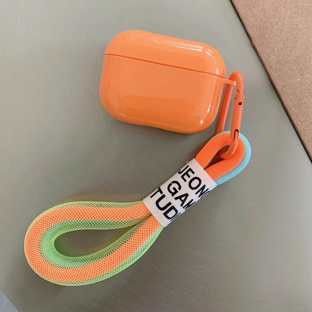 For Airpods 2 Pro 1 3 Earphone Case Fluorescence Orange Green Rope Keyring Cases Cute Soft Silicone Solid Color Headphone Cover