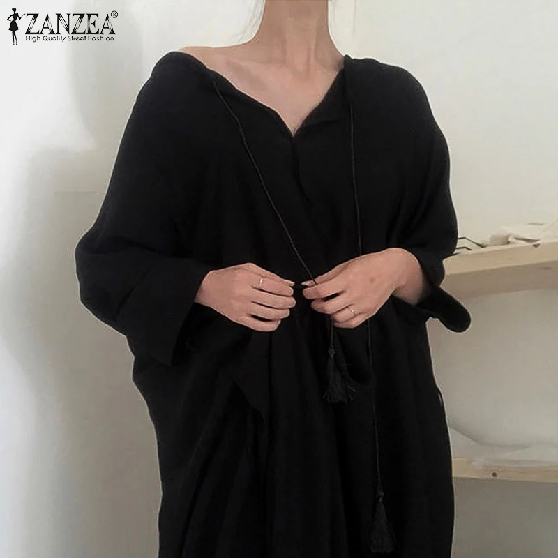 ZANZEA Women Dress Autumn Black Maxi Long Sundress Robe Vintage V neck  Sleeve Cotton Linen Vestido Solid Kaftan Femme 7