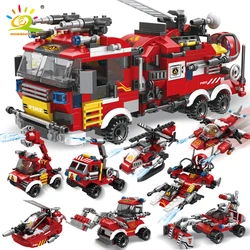 HUIQIBAO 806pcs 8in1 City Fire Truck Model Building Blocks Firefighting Set Fireman Figures Bricks Construction Toy for Children