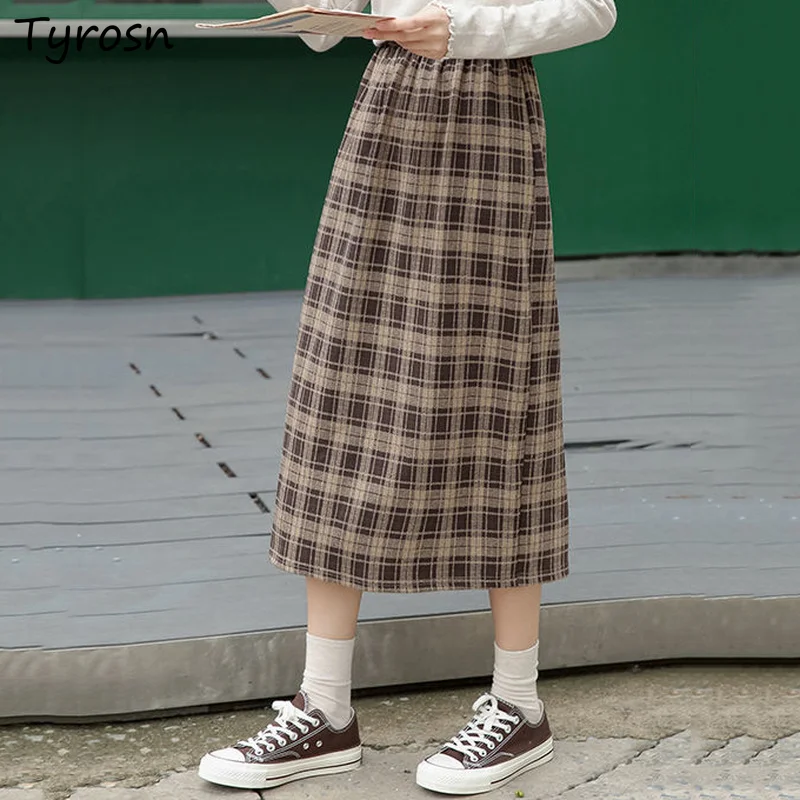 

Skirts Women Plaid Empire Waist Warm Woolen Vintage Streetwear All-match Femme Mid-calf Ulzzang Harajuku Casual Back-slit Daily