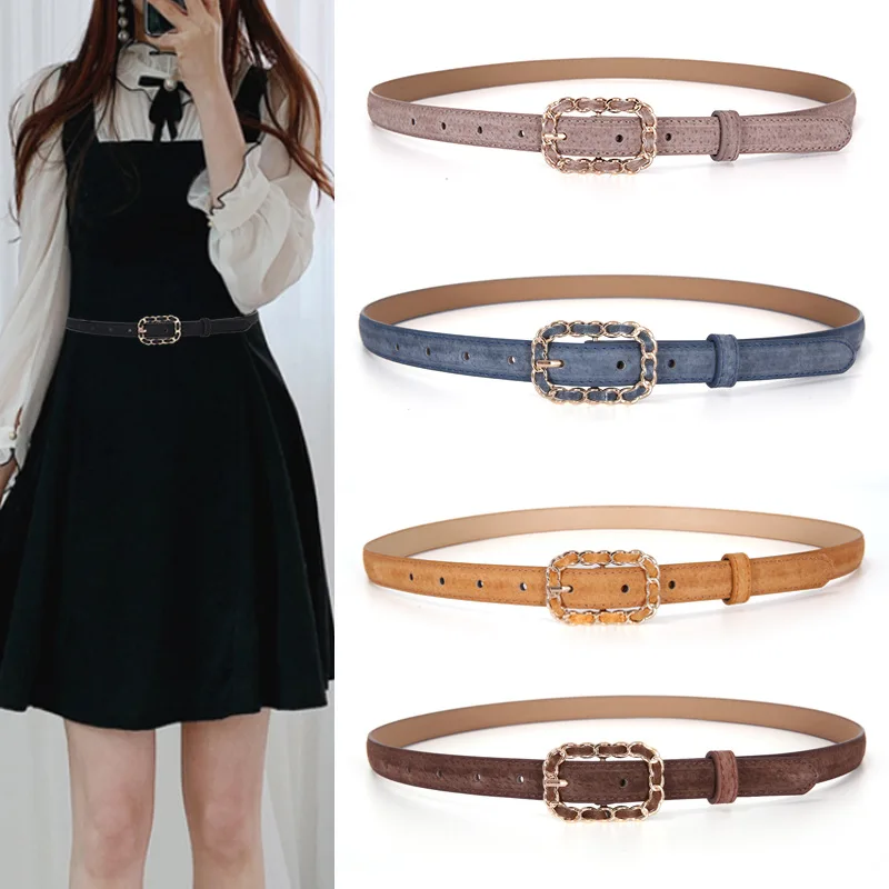 

2021 New Fashion Lady's 's Skinny Leather Belt Solid Candy Color Waist Cloth Dress Belts Female Golden Buckle Belt