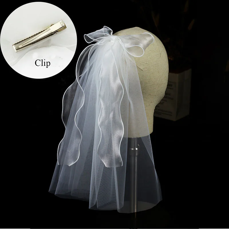 SLBRIDAL Shoulder Length Bowkot Style Wedding Veils With Clip White Bridal Veils Wedding Accessories For Bride Mariage Women