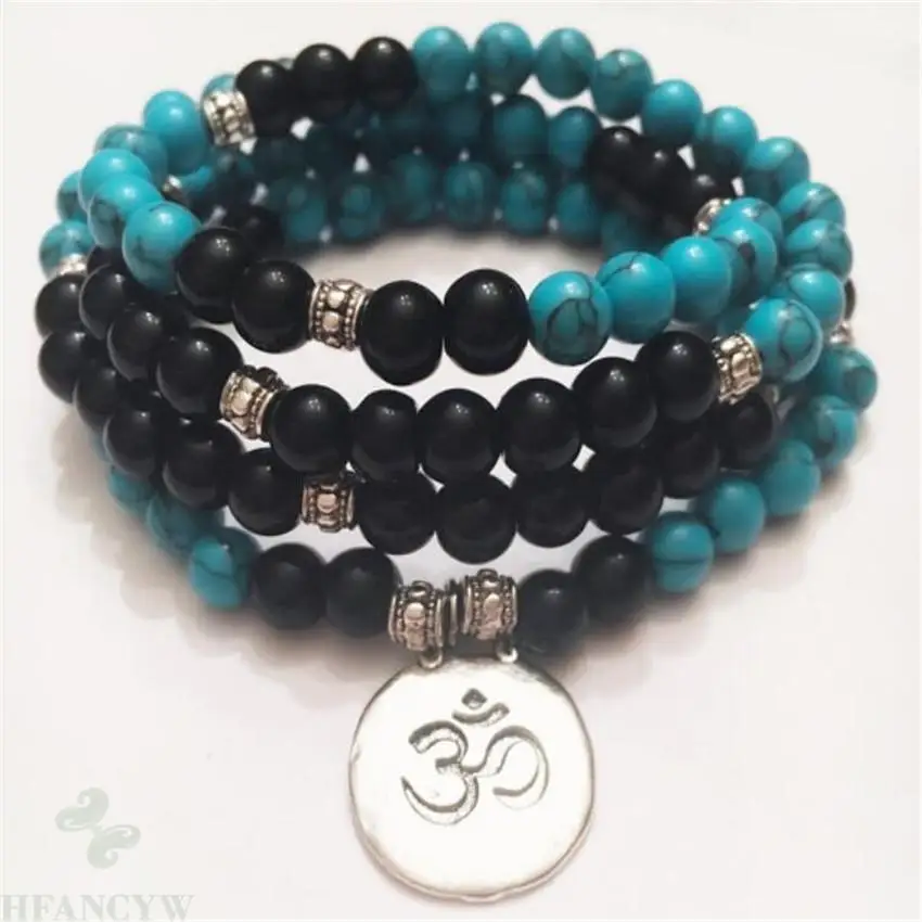 

6mm Turquoise obsidian Gemstone Mala Bracelet 108 Beads Stress Chakas men Meditation Sutra Lucky Handmade yoga Buddhism mala