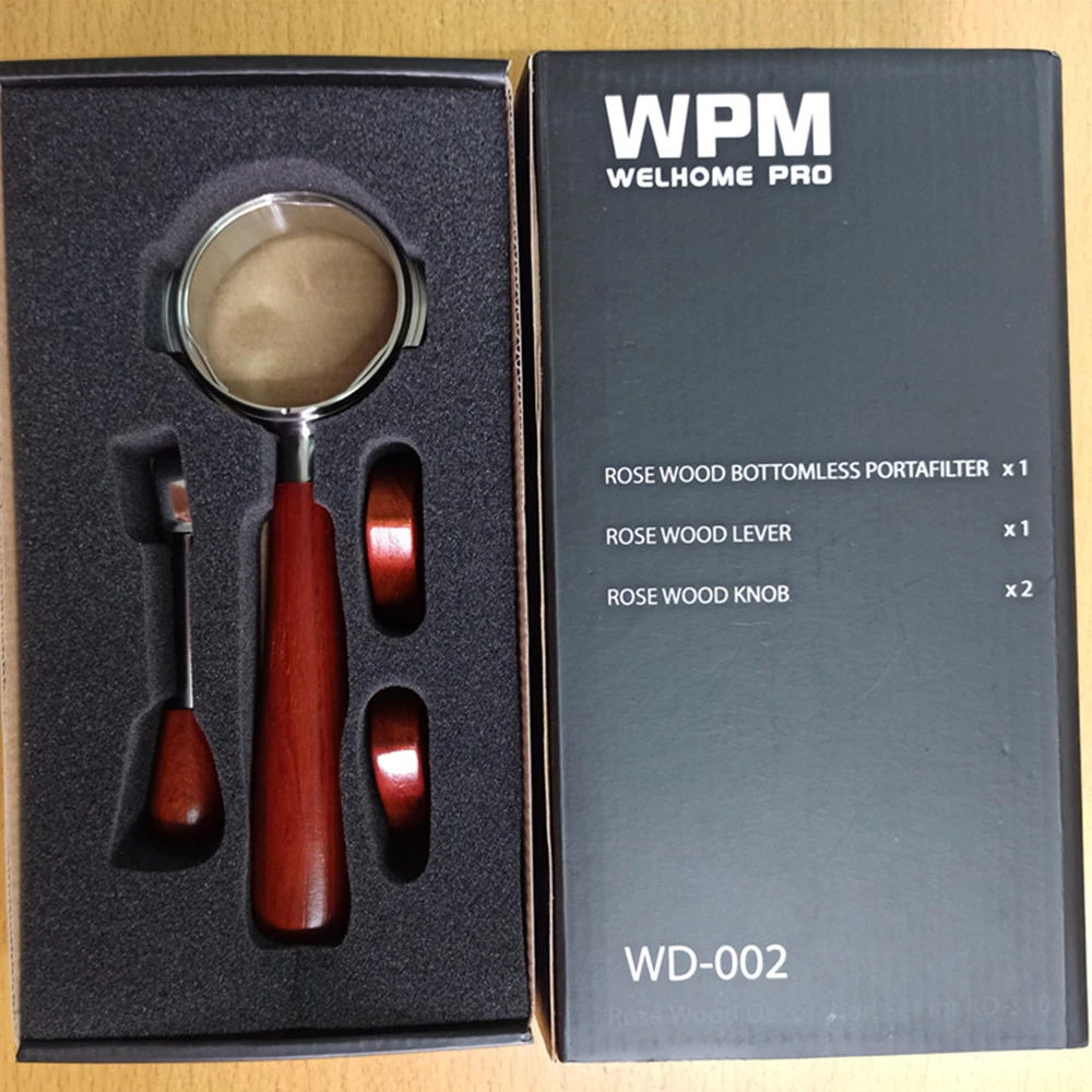 Welhome/WPM KD-310/310VP/310J2/320 مجموعة الحبوب الخشبية ملحقات مطرقة المسحوق بدون قاع Portafilter ملحقات مقبض رافعة الخشب