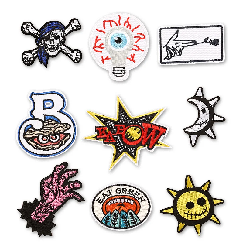 

SUN MOON HAND Iron On Cartoon Cloth Patches Embroidered Badges Abstract Kids Patch For Clothes Stickers Skull