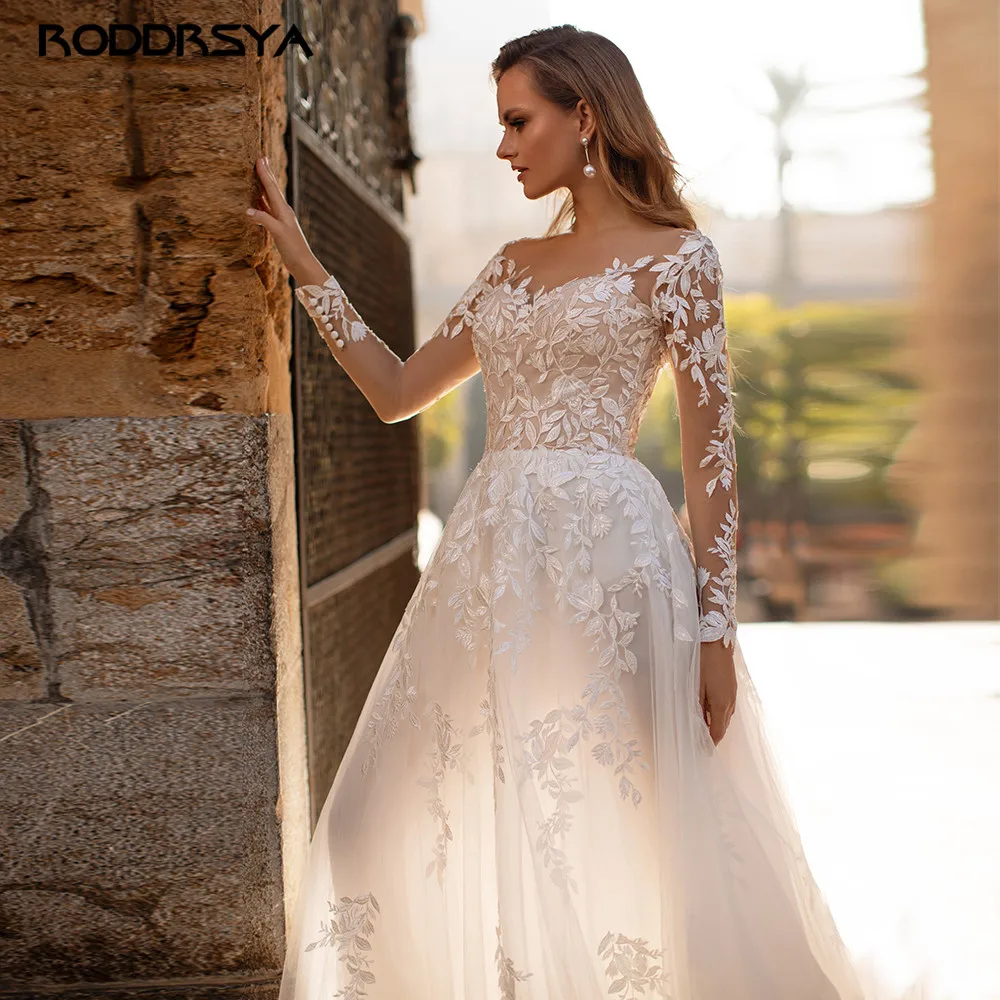 RODDRSYA Elegante Abito da Sposa con Applicazioni in Pizzo O-Collo Maniche Lunghe Avorio Abiti da Sposa A-line Tulle Sweep Train abiti da sposa