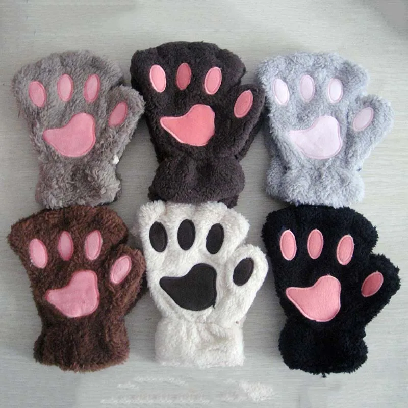 Women Plush Cat Paw Claw Gloves Faux Fur Winter Kitten Fingerless Mittens Gloves Cute Half Finger Gloves Costume Accessories