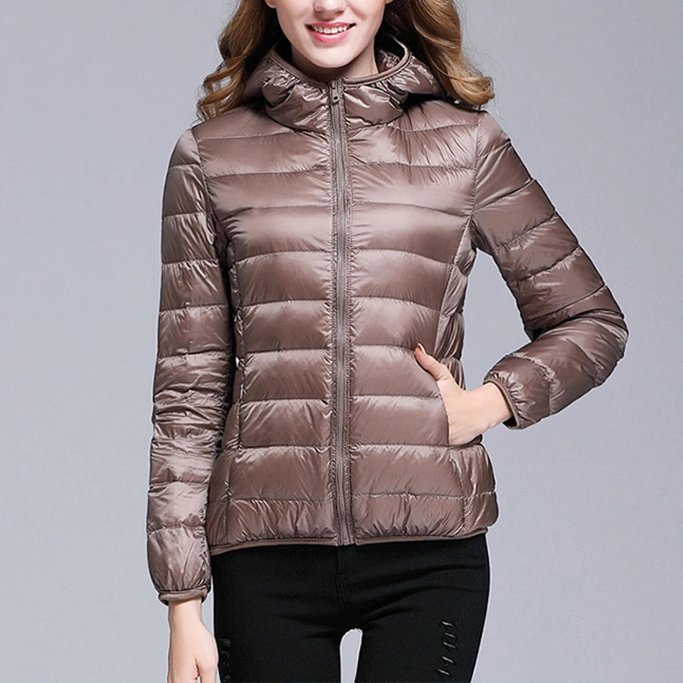 Women's Down Jacket White Duck Down Hooded Lapel Long Sleeve With Zipper Slim Lightweight Warm Ladies Top Fashion Casual Style