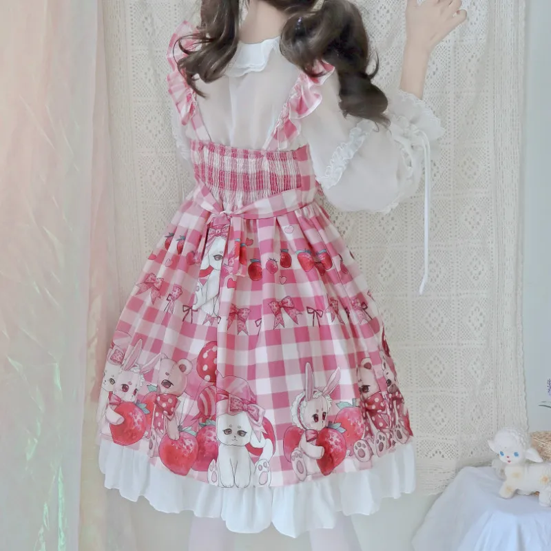 Giappone Kawaii rosa Lolita dolce fragola senza maniche JSK coniglio carino dolce Lolita JSK abito da principessa per ragazza vestito Cosplay