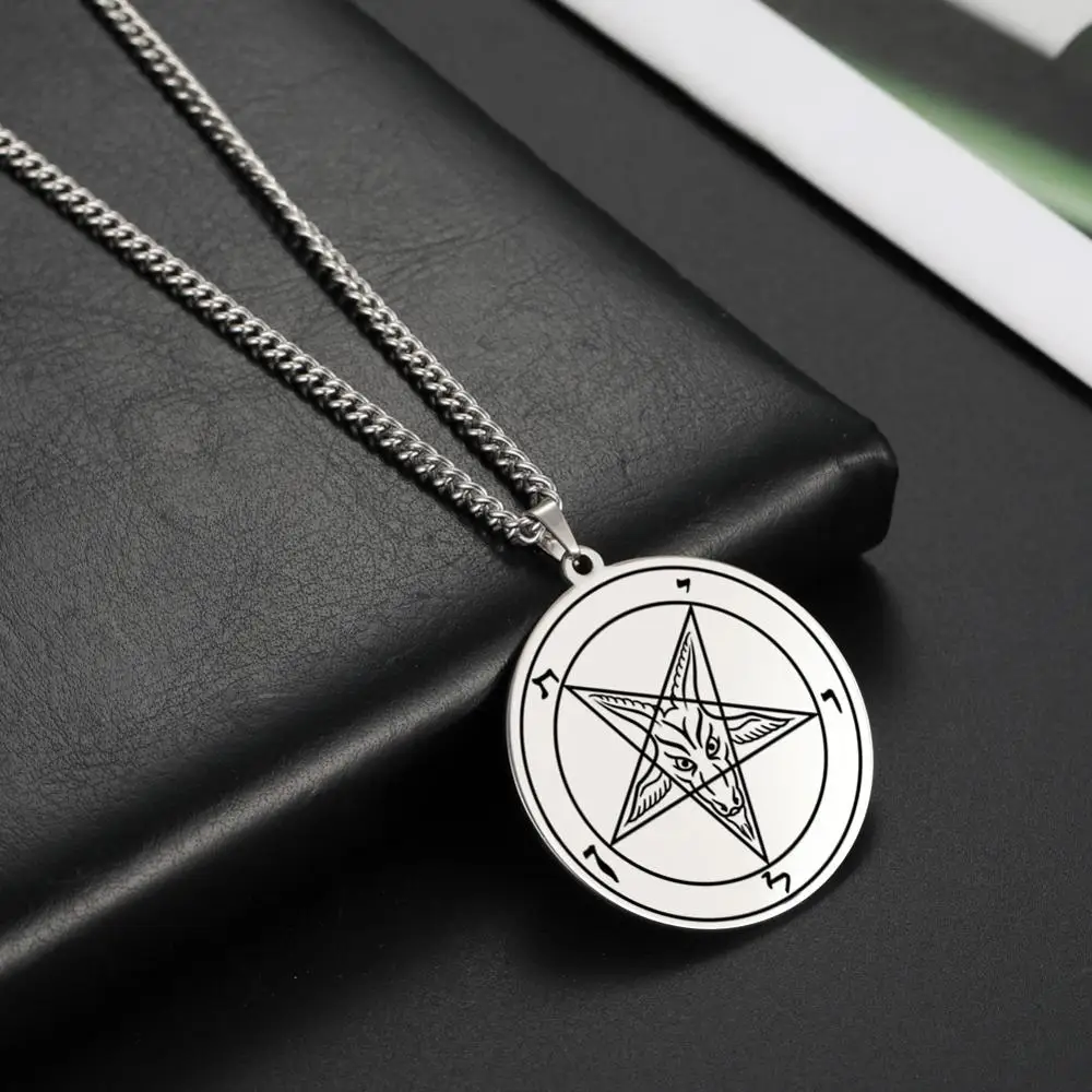 Lemegeton Baphomet Stainless Steel Necklace Pendant Wicca Men's Street Retro Trend Large Talisman Dragon Satan Kabala Jewelry