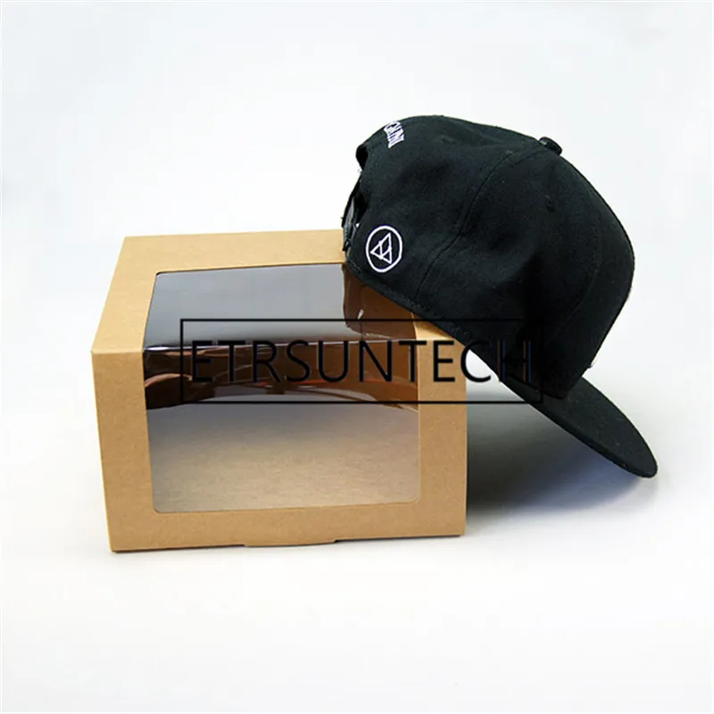 50pcs/lot 195*195*120mm Brown Red Black Transparent kraft paper box with Transparent window hat packing box clothes gift boxes