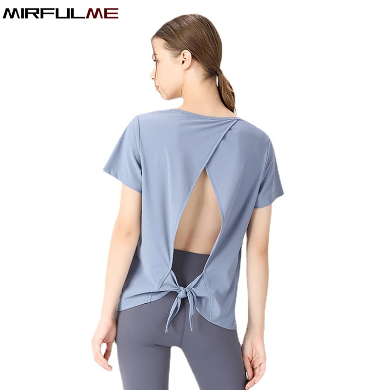 

Summer Women Loose Yoga Tops Clothes Short Sleeve Forked Sport T-Shirts Cross Bandage Running Shirt Girls Gym Workout Tee Blouse