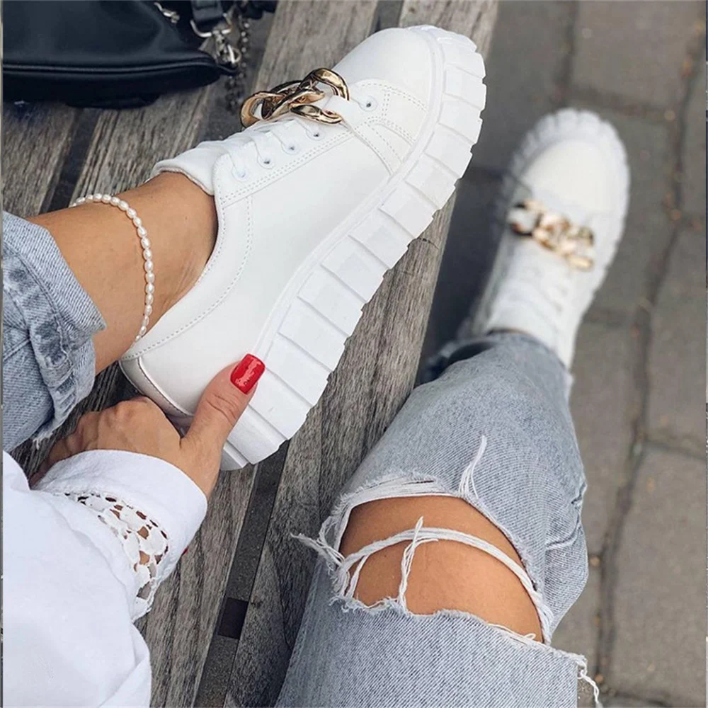 Fashion White Sneakers Women 2024 Spring New Ladies Comfy Lace Up Casual Shoes With Chain 36-43 Large-Sized Female Sport Flats