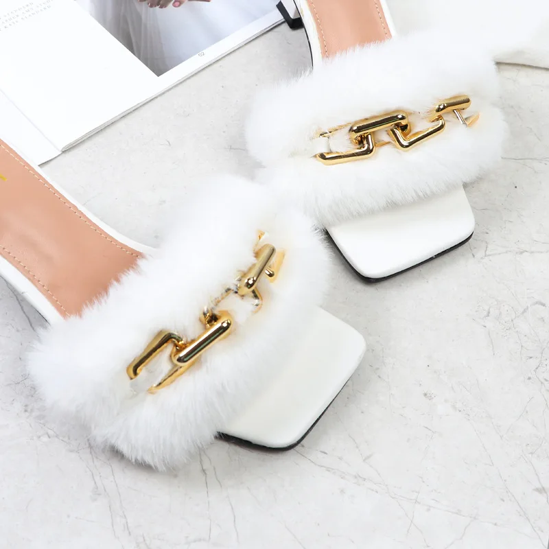 2023 Summer Women 6cm High Heels Slides Furry Felt Mules Low Heels Metal Chain Slippers Sexy Platform Hairy Outside Fur Shoes