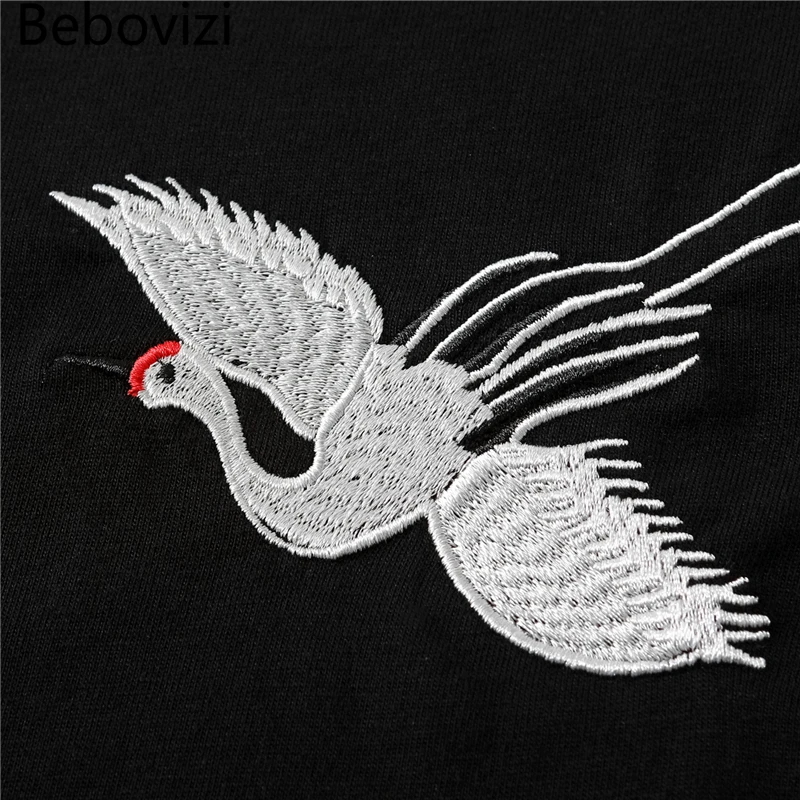 2021 Chinese Style Men Streetwear Harajuku T-Shirt Fashion Crane Embroidery Tshirt Summer Japanese Short Sleeve T Shirt Casual