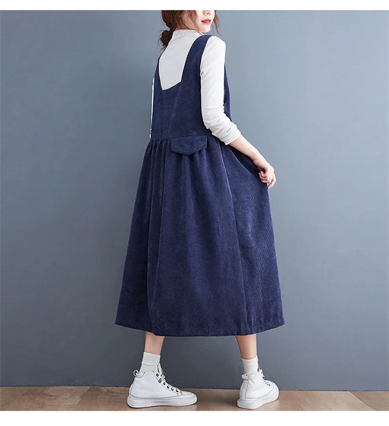 2022 New Vintage Corduroy Strap Dress Women Clothing Spring Autumn Dresses Loose Large Size Slim Dress D564
