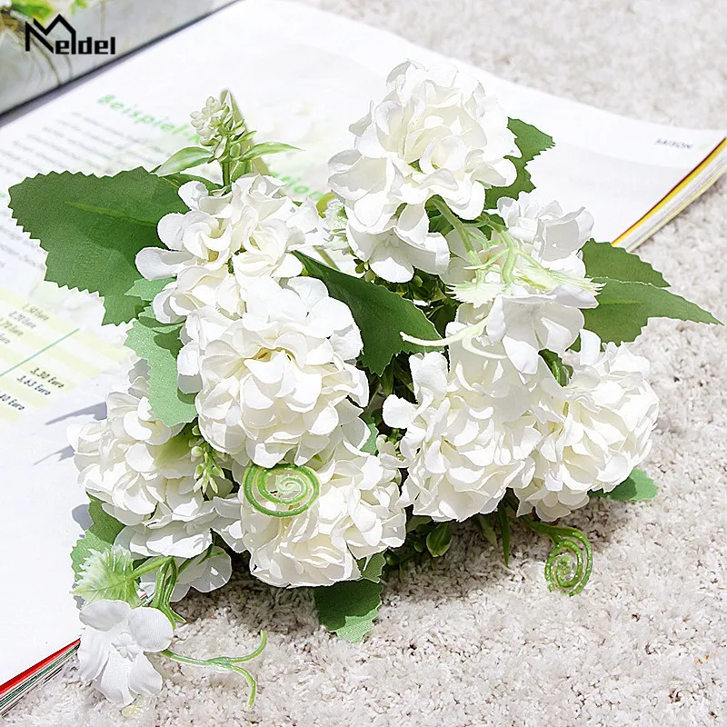 Meldel 5 galhos flor artificial da sorte, buquê branco de flores falsas grandes para decoração de casa e festa de casamento diy