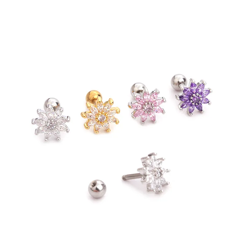 

1 PCS Trendy Classic Shiny Cubic Zircon Flower Ear Cartilage Stud Cuff Cute Sweet Double Sided Steel Bar Screw Back Earring
