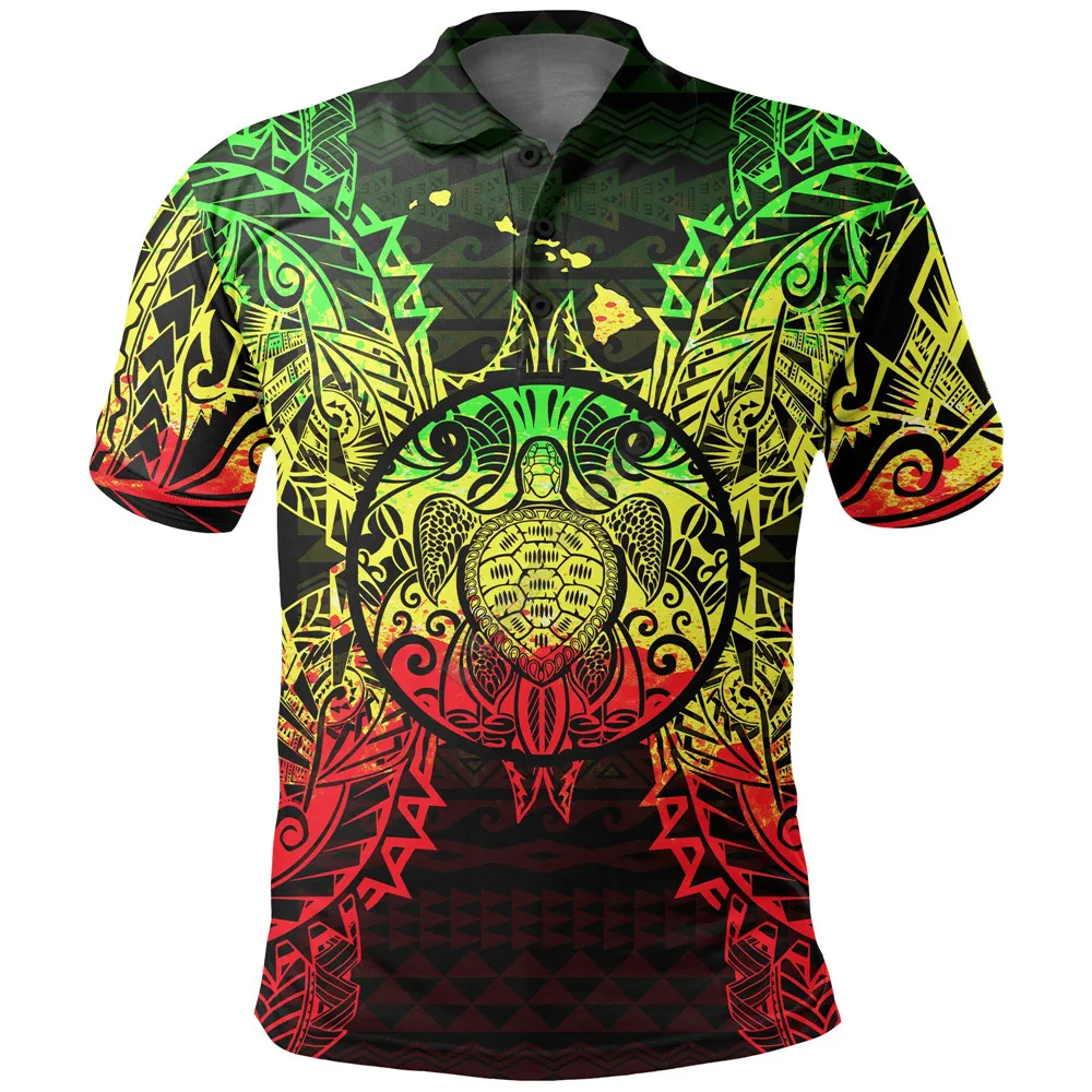 Hawaii Polo Shirt Hawaii Map Kanaka Polynesian Turtle Reggae 3D Printed Polo Shirt Men for Women Short Sleeve Summer BlueT-shirt