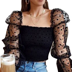 Sexy Women Square neck Lace See-through Polka Dot Puff Long Sleeve Elastic Crop Top Female Blouse Shirts Evening Party clubwear