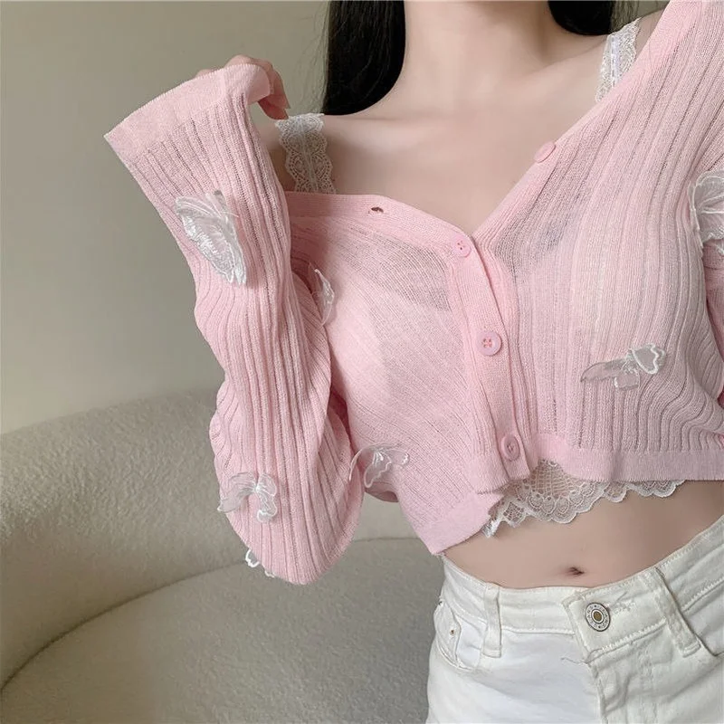 T-shirts Women Tender Slim Summer Butterfly-lace Knitting All-match Fashion Ins New Cropped Tops Harajuku Single Breathable Sexy