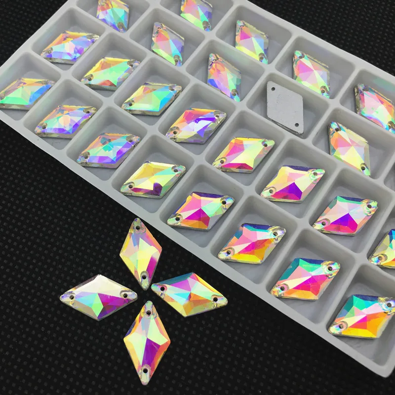 28pcs/bag Rhombus 11x19mm Sew On Rhinestone Glass Crystal Flatback Sewing Strass Sew On Stone Wedding dress Crystal AB Color