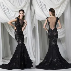 New Arrival Black Evening Dresses V Neck Lace Applique Prom Gowns Custom Made Backless Sweep Train Special Occasion Dress