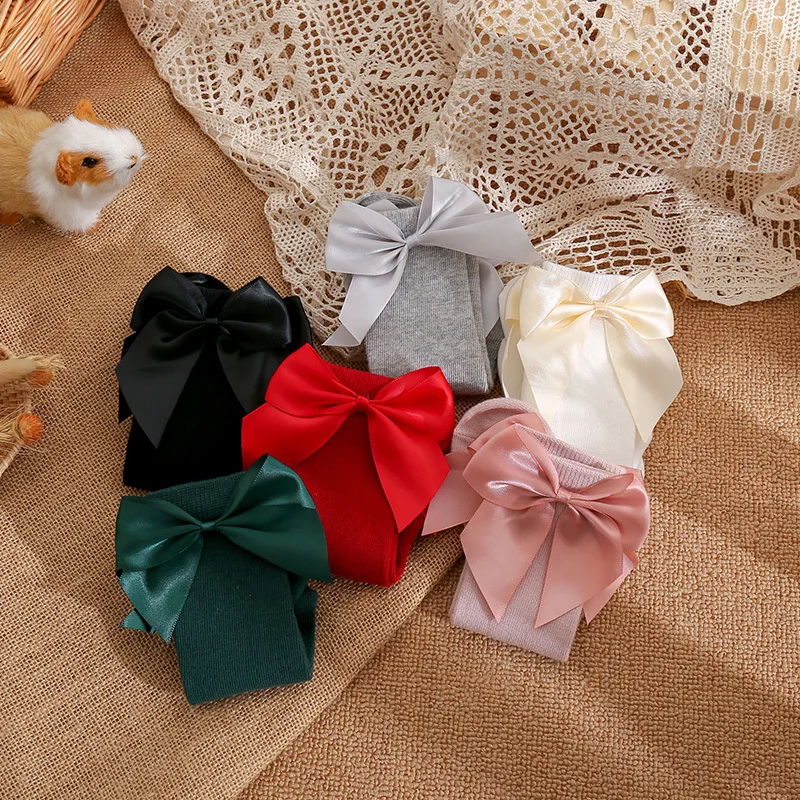 Cute Baby Girls Socks Autumn Toddlers Silk Big Bow Soft Long Christmas Sock Cotton Infant Newborn Knee High Socken For 0-5 Years