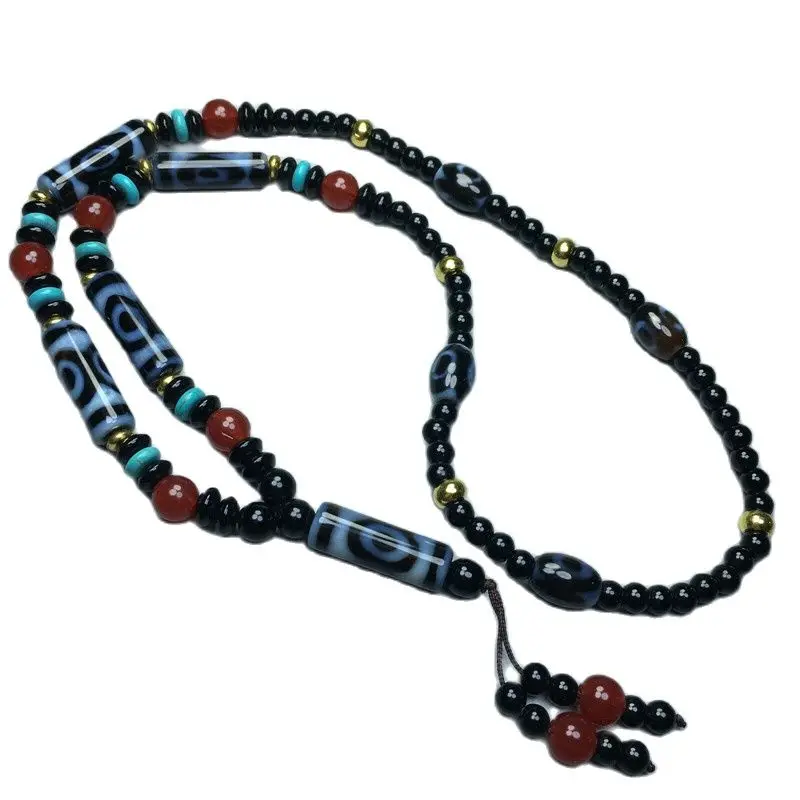 Tibetan  Agate Blue Three Eyes Old Dzi Bead Pendant Necklace