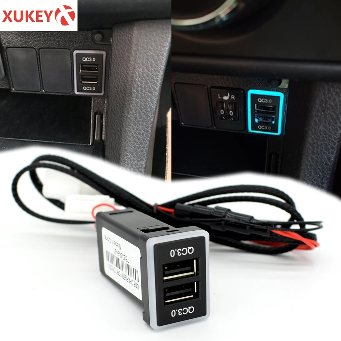 QC 3.0 Car USB Dual Charger Port Phone Quick Fast Charge PDA DVR Plug Play Adapter Cable For Toyota Blue LED Light Auto Styling