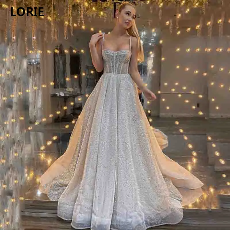 فساتين زفاف LORIE A Line Boho لامعة تول مثير السباغيتي الأشرطة العروس Vestidos de novia مصنوعة حسب الطلب