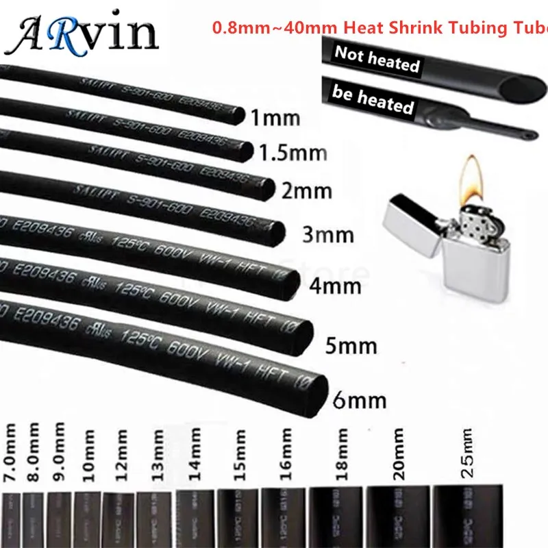 5 METER/LOT BLACK 1mm 1.5mm 2mm 2.5mm 3mm 3.5mm 4mm 5mm 6mm Heat Shrink Tubing Tube