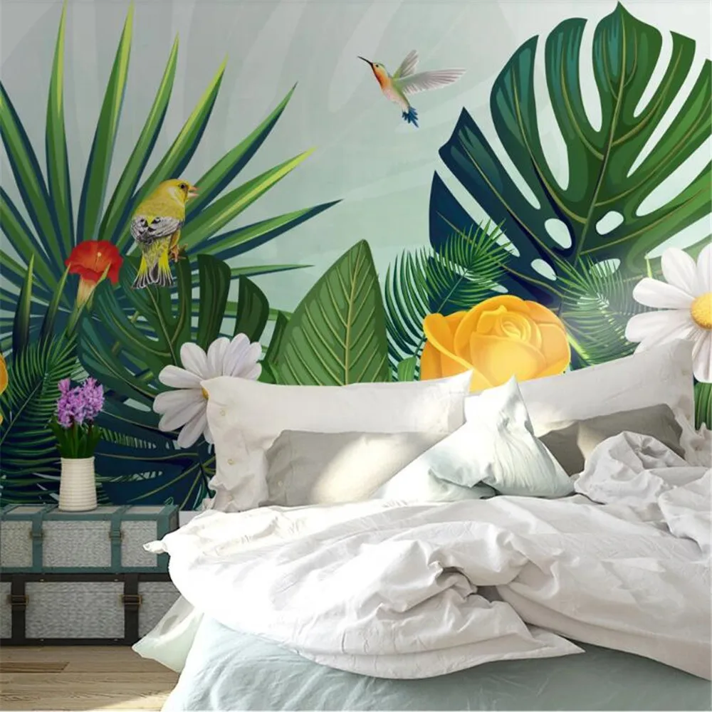 

Bacal custom 3D large mural wallpaper medieval hand-painted tropical forest leaf color parrot background wall painting