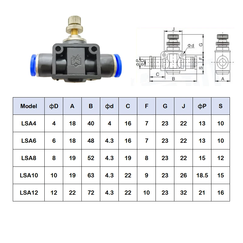 6PCS LSA Pneumatic Fittings Adjustable Flow Control Valve Speed Air Pressure Regulator Valves Throttle Quick Release Fitting