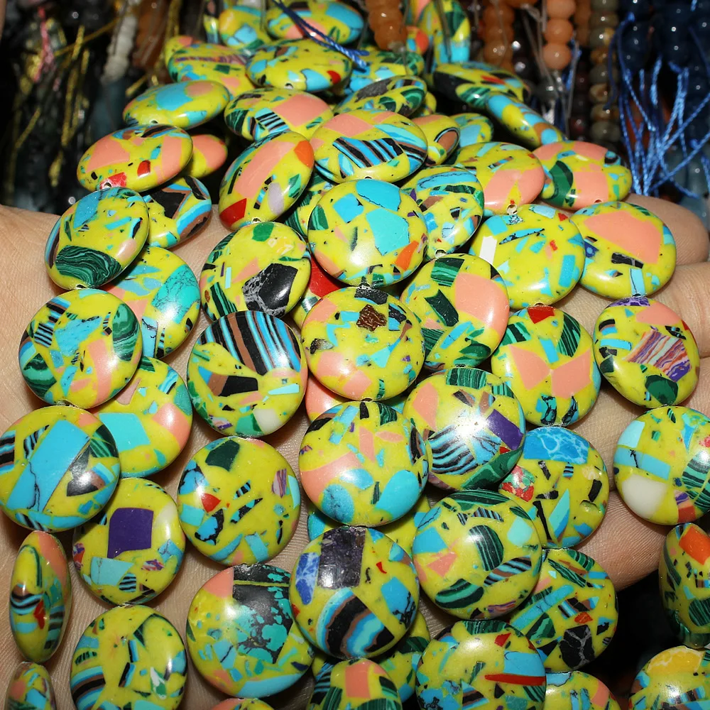 Natural Semi Precious Stone Loose Beads 12mm Flat Round Cake Shape  Semi-finished DIY Production Bracelet Necklace Accessories