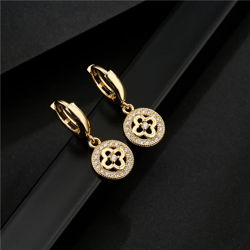 NEWBUY Fashion Gold Color Copper Plant Earrings Luxury Cubic Zirconia Flower Dangle Earring Hot Sale Female Party Jewelry Gift