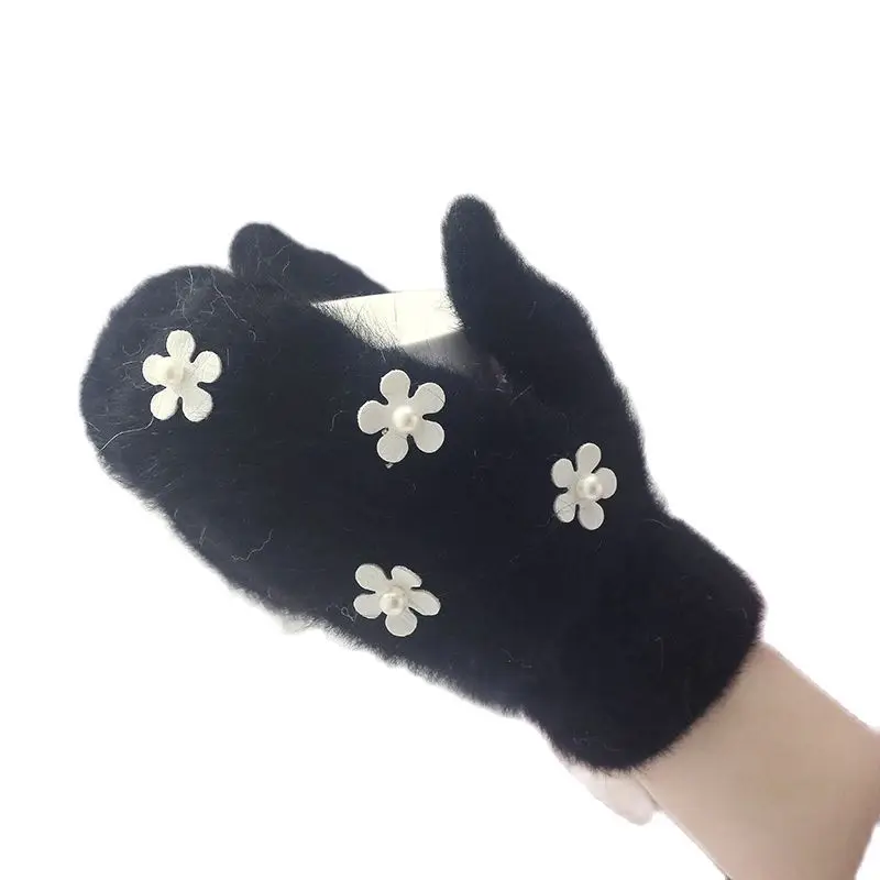 New Women Winter Keep Warm Plus Velvet Inside Thicken Full Finger Female Flower Pearl Cute Lovely Long Rabbit Fur Mittens Gloves