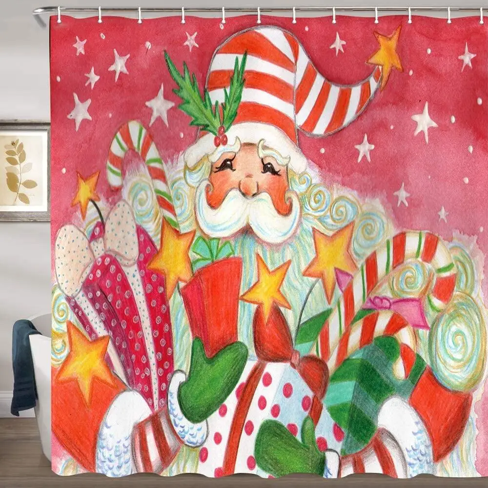 

Christmas Santa Claus Shower Curtains New Year Gift Cartoon Painting Polyester Fabric Bath Curtain Set Bathroom Decor With Hooks