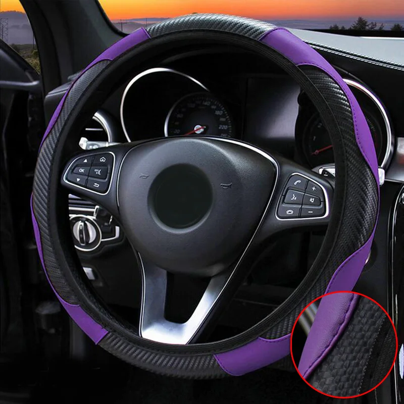 

1pc Car Steering Wheel Cover Interior Black Purple Carbon Fiber Leather Protection For 37-38CM Diameter Easy Installation