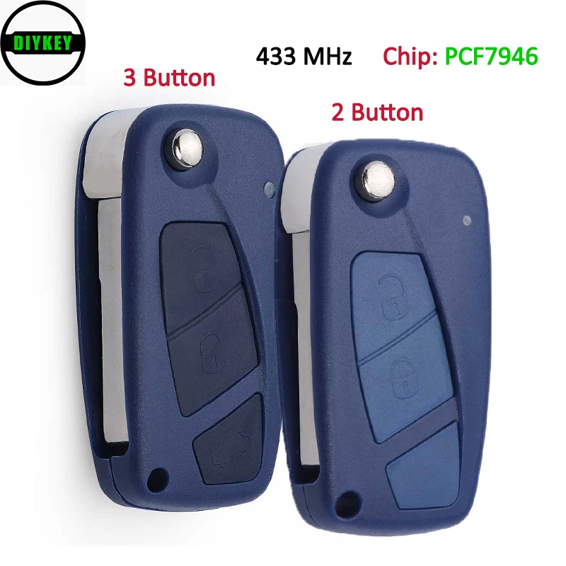 DIYKEY Flip Remote Key 2 / 3 Button 434MHz PCF7946 Chip for Fiat Punto Ducato Stilo Panda Central Blue