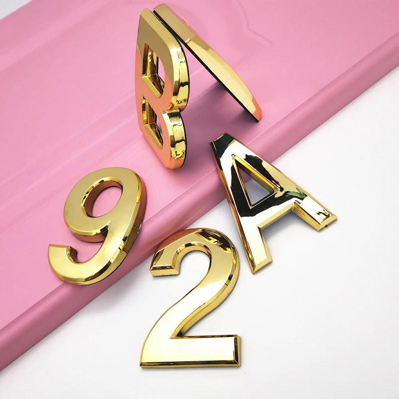 7CM 3D Mirror Gold Digital House Number Electroplating Plastic 0-9 A-Z Room Number & Letters Sign Label Home Door Plate Hardware