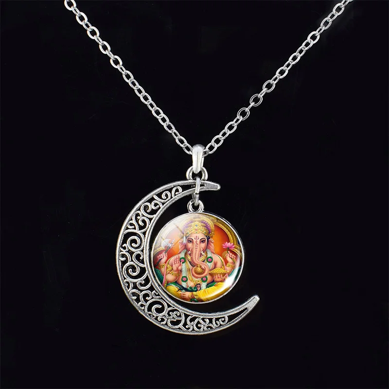 Cabochon Glass Crescent Moon Pendant Clavicle chain Necklace India Religion Necklaces Women God Brahma Lord Shiva Vishnu Jewelry