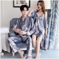 Conjunto de pijama manga comprida de seda gelo masculino, pijamas amantes, estampa casual, amantes, roupas de casa, moda, verão, 2 peças