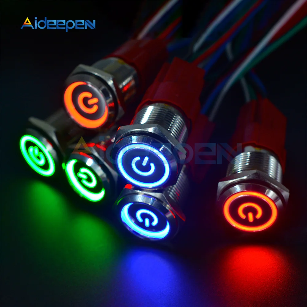 16mm 19mm 22mm red blue green Light 250V 5A Hot Car Auto Metal LED Power Push Button Switch Self locking Type On-off 9-24V