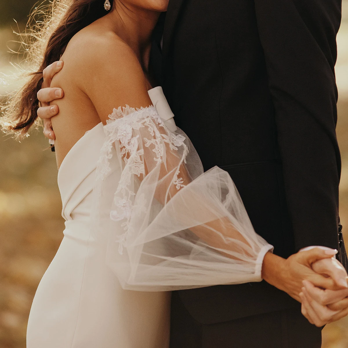 Robe de mariée de Luxe en Satin, manches bouffantes en Tulle, Tube sirène, application sur mesure, bouton froncé, rustique Simple