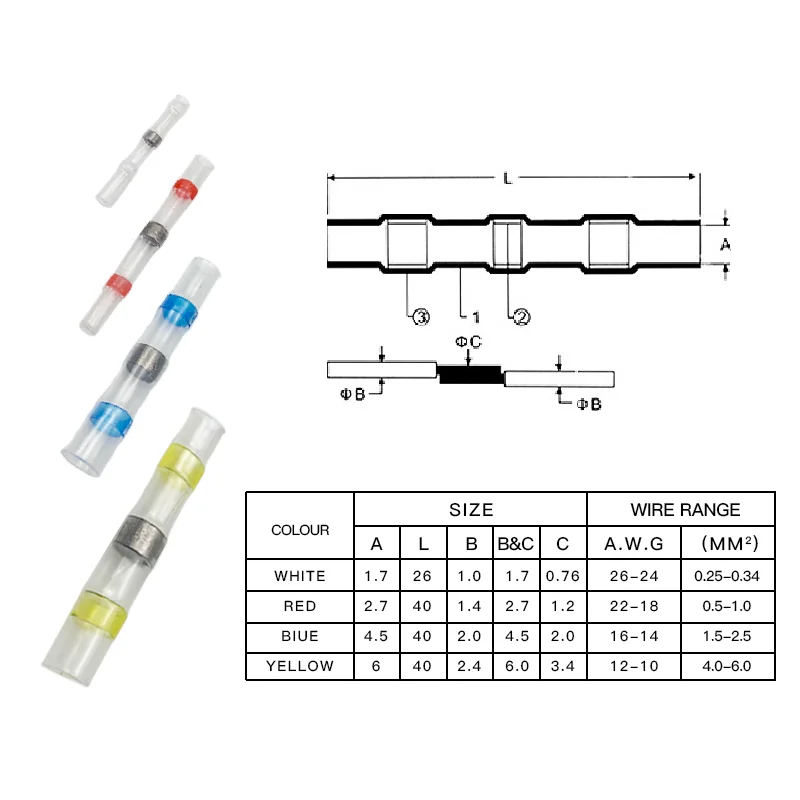 100PCS Solder Seal Wire Connectors Electrical Insulated Automotive Marine Waterproof Wire Terminals Heat Shrink Butt Connectors