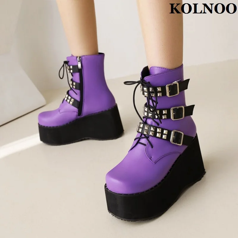 

Kolnoo 2022 New Handmade Women Thick Soles Ankle Boots Shoelace Buckle Strap Studed Party Prom Shoes Evening Fashion Club Shoes