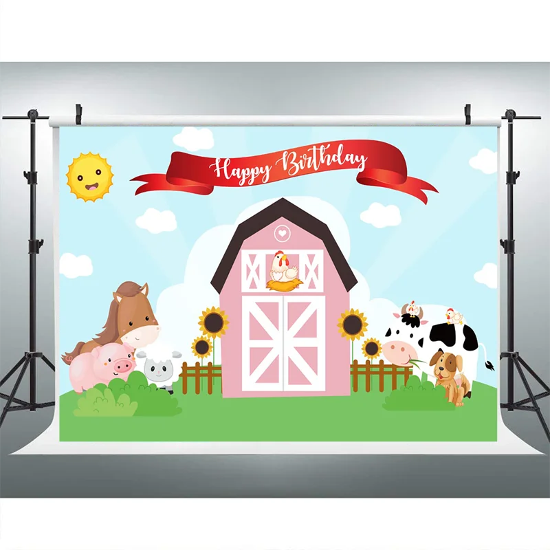 Toile de fond de fête d'animaux de la ferme rose, fond d'anniversaire pour enfants, photographie, gâteau de ferme mignon, fournitures de décorations de table