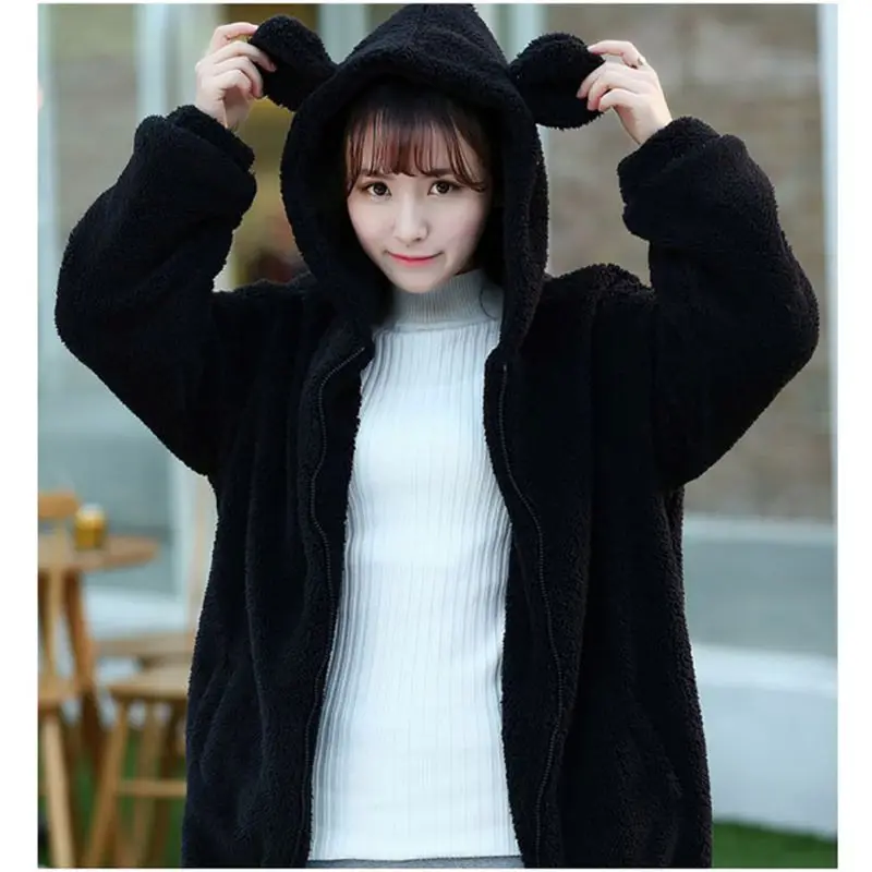 New Women Hoodies Zipper Girl Winter Loose Fluffy Bear Ear Hoodie Hooded Jacket Warm Outerwear Coat Cute Sweatshirt W1
