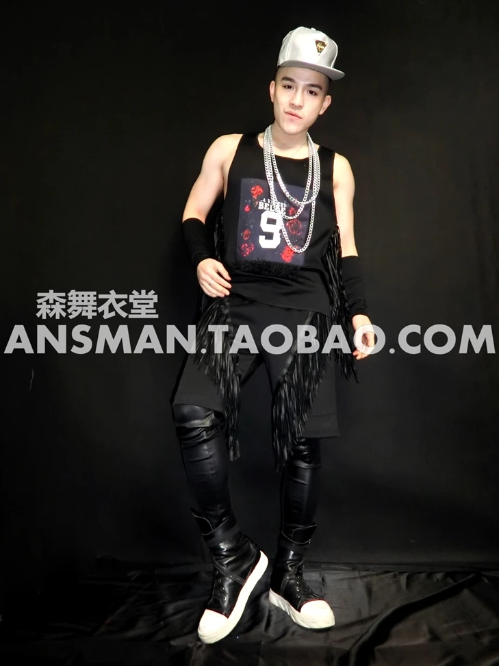 DJ male singer guest Quan Zhilong GD with Harley tassel print leather vest suit costume